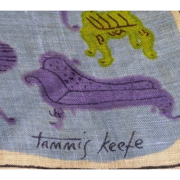 Vtg 1950s Designer Tammis Keefe Linen Rolled Edge Hankie Purple Lime Chaise - Picture 2 of 7